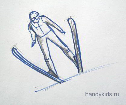 Как нарисовать прыжок на лыжах с трамплина.