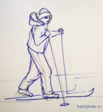 как нарисовать дети катаются на лыжах
